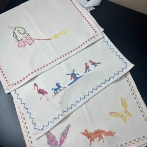 3 Lot VTG Baby Aprons Bibs Embroidered Handmade Butterflies Fox Birds Dog Bunny